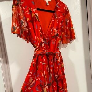 Orange Print Faux Wrap Dress 1X